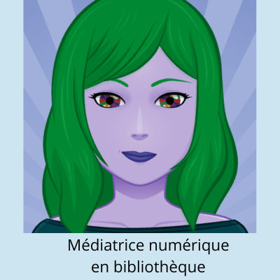 Avatar d'une médiatrice numérique en bibliothèque : Une femme aux cheveux verts