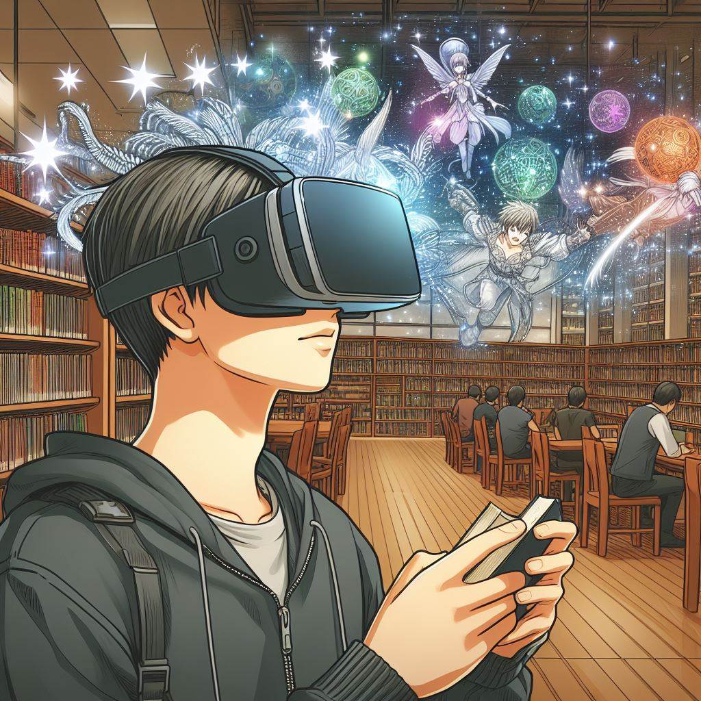un personnage style mange dans une bibliothèque s'échappe dans un univers merveilleux avec son casque Vr
